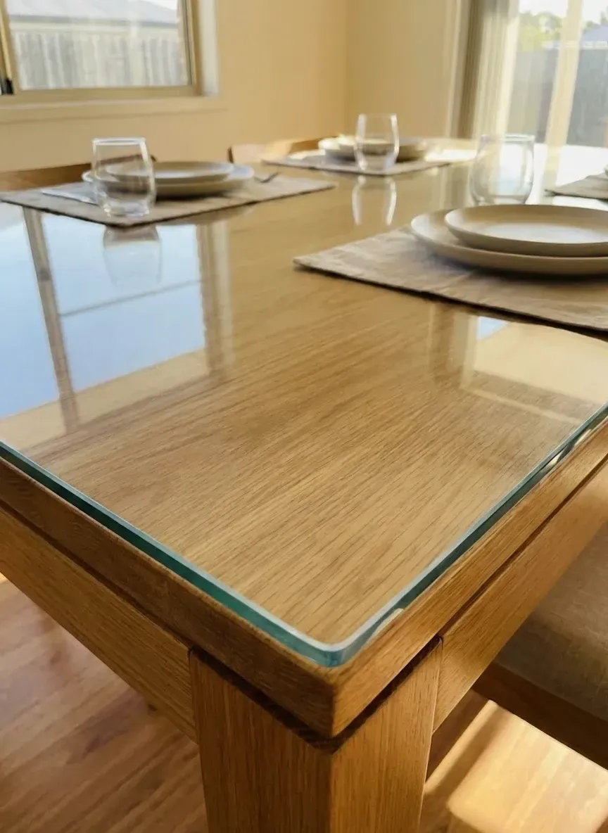 Toughened glass dining table protector with flat polished edge and thickness samples